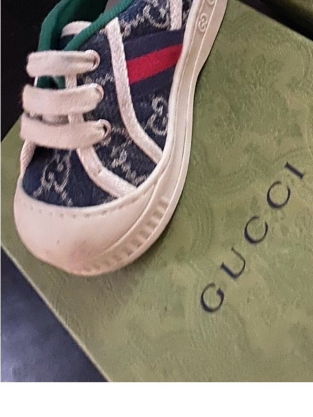 Gucci Kids Navy Logo Canvas Sneaker with Red and Green Stripe